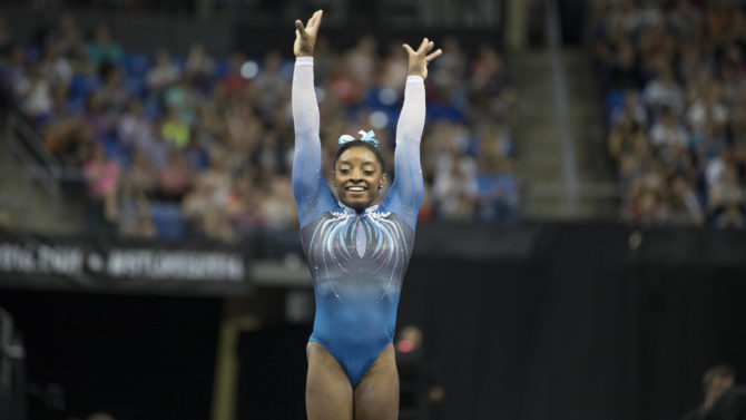 Simone Biles competes on the second